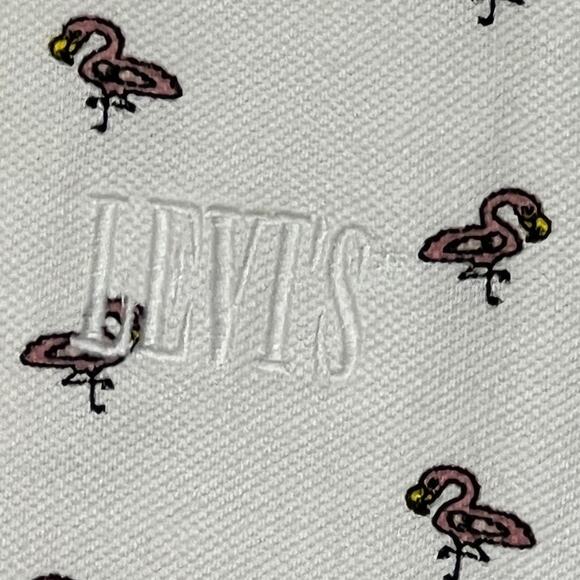 Levi's Cotton All Over Flamingo Print Chest Logo Polo Shirt Men S White/Pink NWT - Picture 5 of 9